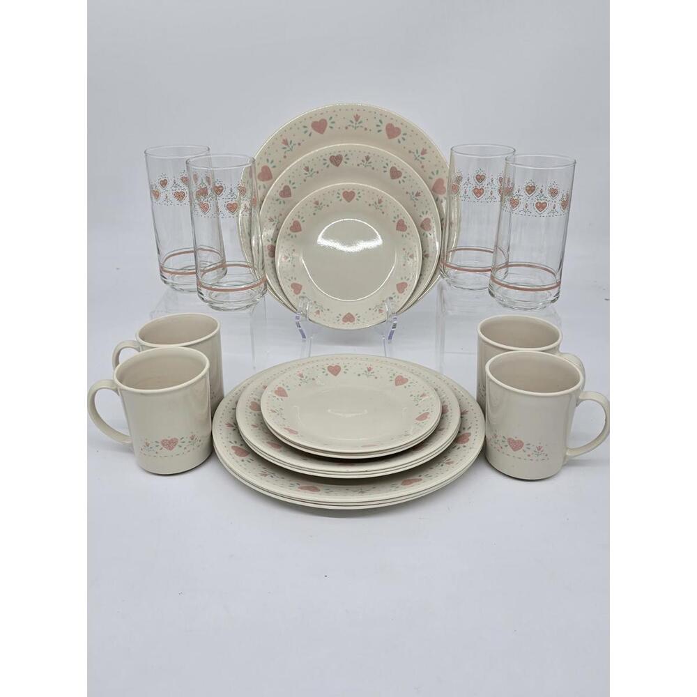 Corelle Forever Yours 20-Pc Dinnerware Set W/Glasses Set Made In USA 1980's #4